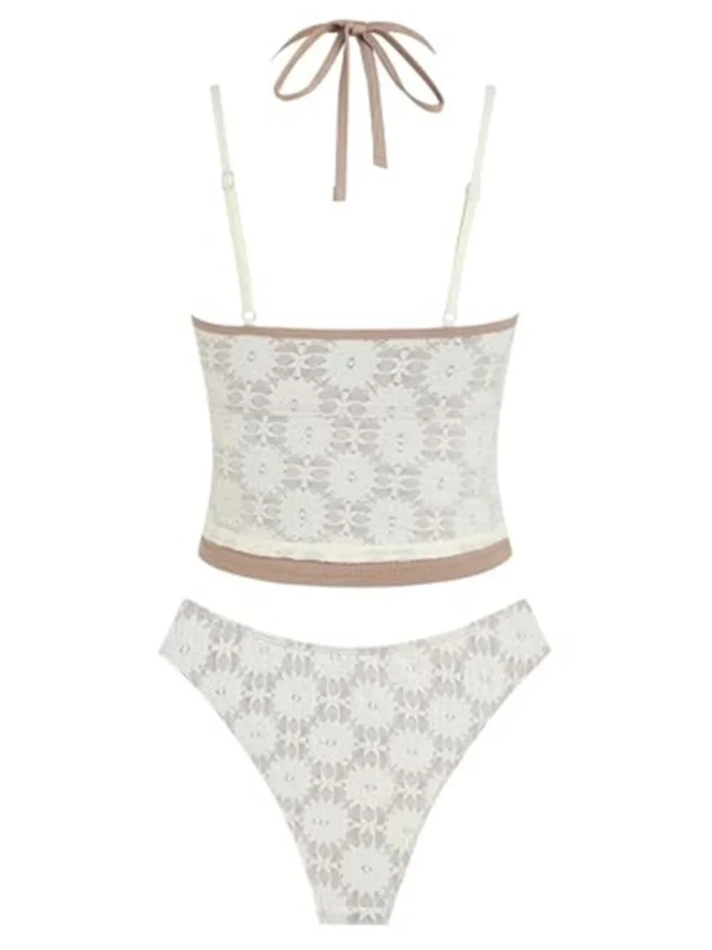 Women's Halter Tankini Set Lace Contrast Low Waisted Floral Swimsuit